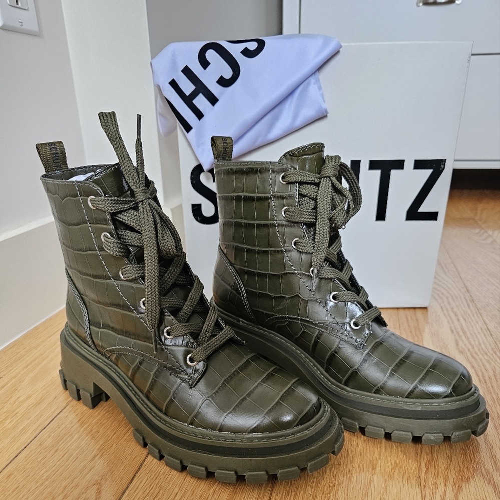 Schutz Orly Croc-Print Lug-Sole Combat Boots in Military Green
